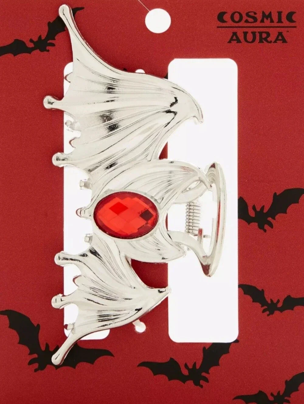 Cosmic Aura Silver Bat Wing Red Gemstones Claw Hair Clip